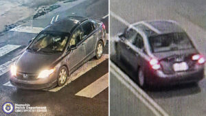 The image is divided into two side‑by‑side surveillance camera views of the same vehicle at night. Both images show a dark‑colored sedan. In the left image, the vehicle is stopped in a crosswalk at an intersection, with headlights illuminated and the front of the vehicle angled slightly left. Lane markings and crosswalk stripes are visible on the pavement. In the right image, the same sedan is shown from behind while driving on a roadway; the taillights are glowing, and a license plate is visible but not readable due to image quality. The background shows a multi‑lane street with painted dividing lines. At the bottom left of the combined image is the Memphis Police Department seal and the text “Memphis Police Department CRIMESTOPPERS 901‑528‑CASH.”