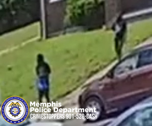 A surveillance‑style image shows two individuals outdoors on a grassy area near a street. One individual is closer to the camera, standing on the grass near the curb beside a parked reddish-brown vehicle. The other individual is farther uphill on the grassy area near a sidewalk and a brick wall. In the lower-left corner, there is a Memphis Police Department logo along with text that reads “Memphis Police Department CRIMESTOPPERS 901-528-CASH.”