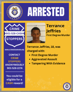 A police-style announcement poster with a blue and yellow color scheme. At the top, the large word “ARRESTED” appears in white on a blue background. The upper left corner displays the seal of the Memphis Police Department. Below that, on the left side, is a blue shield-shaped graphic labeled “CRIME STOPPERS” with the phone number 901-528-CASH and the website www.crimestopmem.org. Additional text states, “Contact Crime Stoppers anonymously 901-528-2274” and “You could be eligible for a cash reward!”