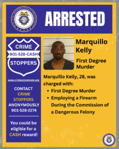 A graphic poster from the Memphis Police Department with a bold header reading “ARRESTED.” At the top left is the department’s circular seal. Below it is a “Crime Stoppers” badge symbol with the phone number 901-528-CASH and the website crimestopmem.org, along with text encouraging anonymous tips and noting eligibility for a cash reward. At the center is a mugshot-style photo cropped to show a person from the shoulders up. To the right, text states: “Marquillo Kelly. First Degree Murder.” Additional text reads: “Marquillo Kelly, 28, was charged with: • First Degree Murder • Employing a Firearm During the Commission of a Dangerous Felony.” The bottom right corner contains a small Memphis Police Department seal. The background is primarily yellow with blue sections and a distressed texture.