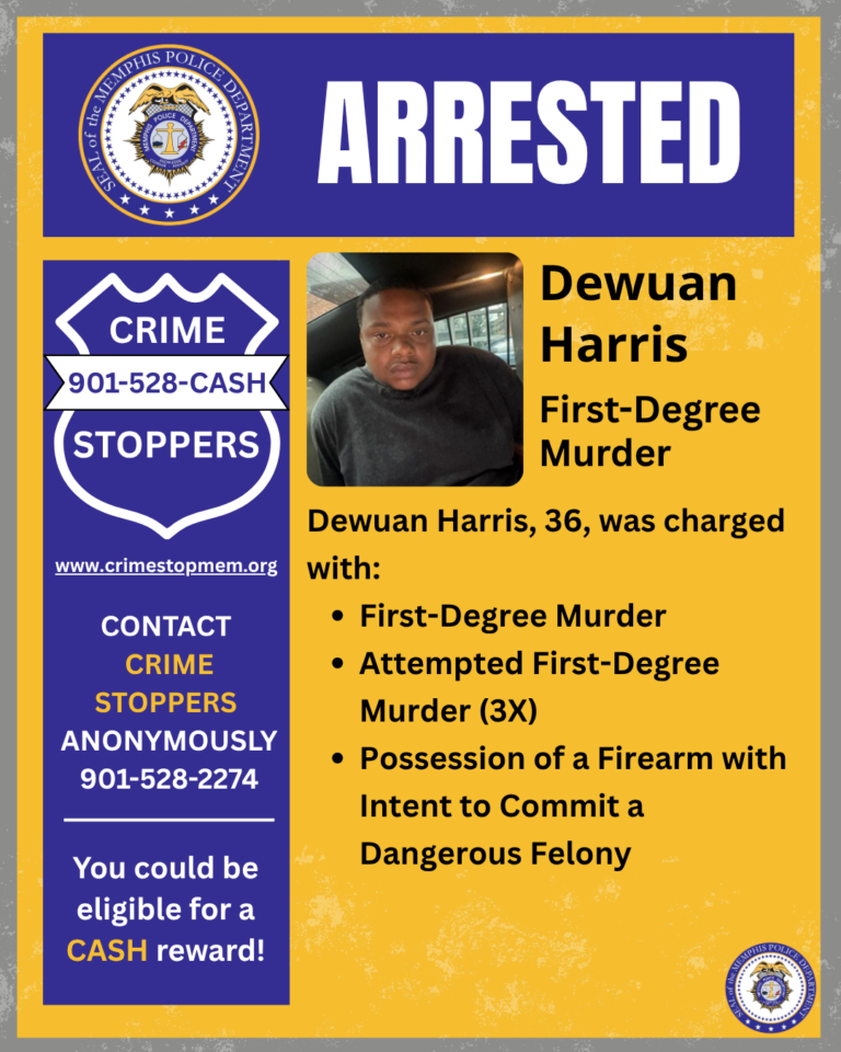 On July 15, 2026, the Memphis Police Department’s Fugitive Unit apprehended 36-year-old Dewuan Harris in the 200 block of South Front Street
