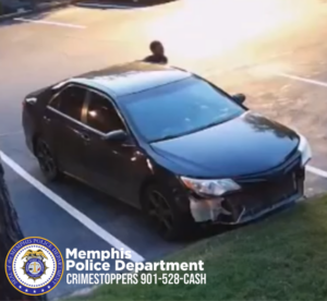 A surveillance-style image shows a damaged dark-colored sedan parked in a marked parking space near a grassy slope. The sedan’s front bumper is partially detached, exposing internal components. A person is standing on the pavement a short distance behind the vehicle. The background includes additional parking spaces and pavement lit by daylight. In the bottom left corner, a Memphis Police Department badge graphic is visible with text that reads, “Memphis Police Department CRIMESTOPPERS 901-528-CASH.”