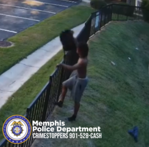 A surveillance-style image shows an outdoor area with a metal fence running along a grassy slope. A person with no shirt and wearing light-colored shorts is climbing over the fence, with one leg already raised and the other foot on a fence bar. Another person, whose features are not clearly visible, appears to be on the opposite side of the fence, leaning forward with an arm extended. In the background, there is a sidewalk, a parking lot with marked spaces, and some bushes near a building. At the bottom left corner, a Memphis Police Department badge graphic is displayed with text that reads, “Memphis Police Department CRIMESTOPPERS 901-528-CASH.”