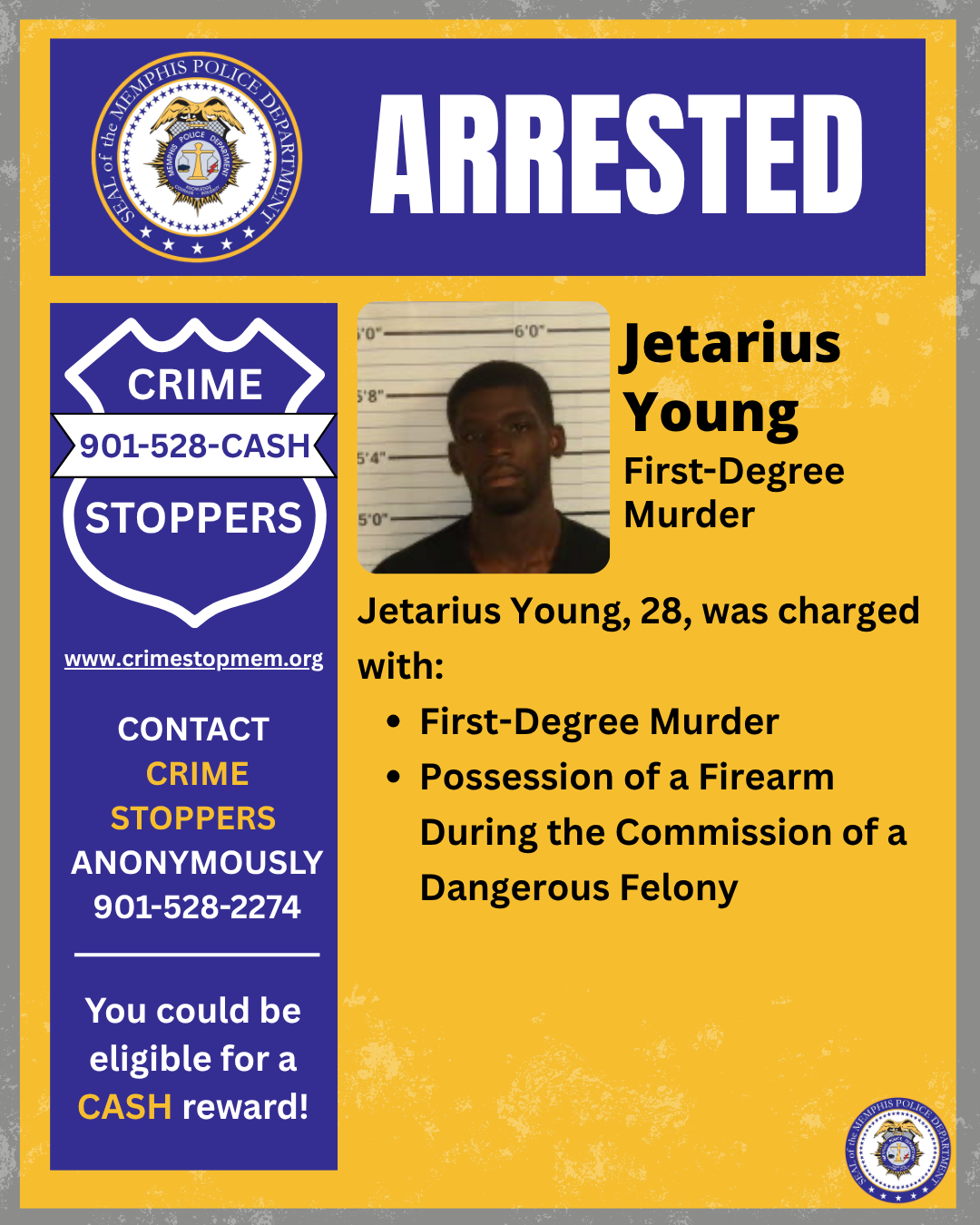 Jetarius Young, foto de ficha policial difundida por el Departamento de Policía de Memphis