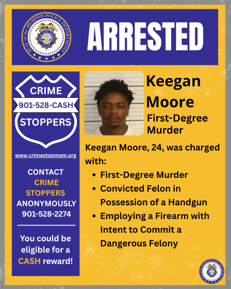 On September 6, 2026, Moore was apprehended in Desoto County. On September 9, he was transferred into the custody of the Shelby County Jail.