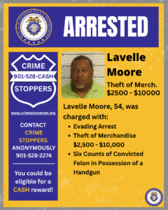 A Crime Stoppers arrest notice issued in partnership with the Memphis Police Department, featuring a mugshot of Lavelle Moore set against a blue and yellow background. The poster states that 54-year-old Lavelle Moore has been charged with evading arrest, theft of merchandise valued between $2,500 and $10,000, and six counts of convicted felon in possession of a handgun. Contact details for anonymous tips are listed on the left, including the website crimestopmem.org and tip lines (901-528-CASH / 901-528-2274), alongside a notice regarding eligibility for a cash reward.