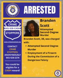 A graphic from the Memphis Police Department with a large header that reads “ARRESTED.” The upper-left corner displays the department seal. Beneath it is a blue badge-shaped logo labeled “CRIME STOPPERS” with the phone number 901‑528‑CASH and website crimstoppersmem.org, along with text encouraging anonymous tips and eligibility for a cash reward.
To the right is a rectangular photo of an unidentified individual with long hair. Next to the photo is bold text stating the name “Branden Scott” and the charge “Attempted Second‑Degree Murder.” Below this, additional text says the individual, age 36, was charged with attempted second-degree murder and employment of a firearm during the commission of a dangerous felony. The background is mostly yellow with purple accents, and another small department seal appears in the bottom‑right corner.