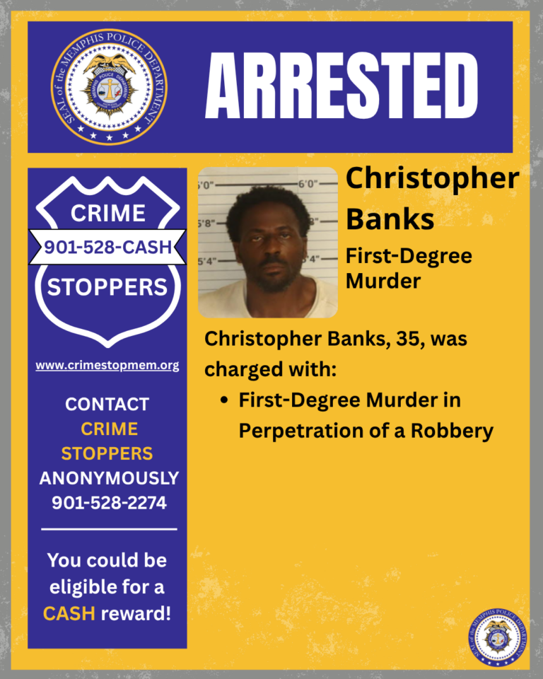 Christopher Banks, 35, was arrested and charged with 1st-Degree Murder in Perpetration of a Robbery.
