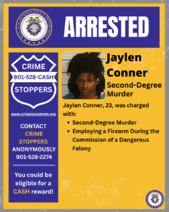 This image shows a photograph of a male. The top of the graphic has the word ARRESTED and the left side has Crime Stoppers with the contact number of 901-528-CASH.